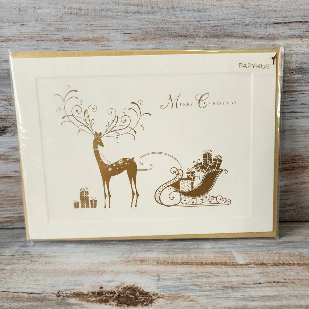 Papyrus Christmas Card Gold Foil Reindeer Sleigh Holiday Greeting Hilary Yafai